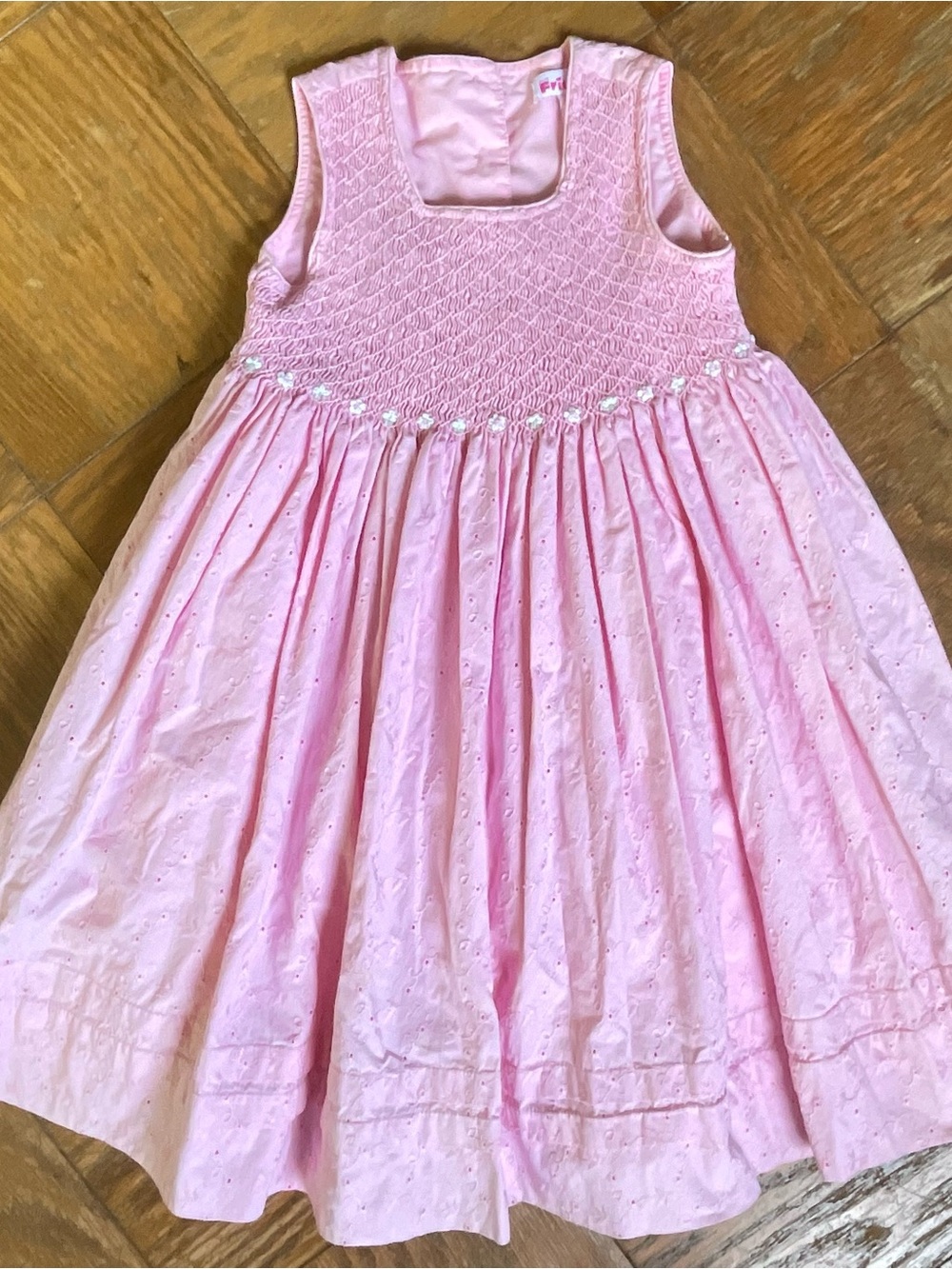 Vintage Pink Smocked Floral Eyelet Heirloom Cotton Dress Girls 4 ~ Like New